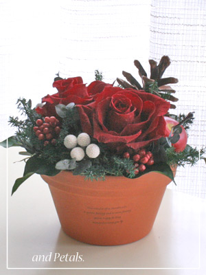 赤いバラとテラコッタの花器がナチュラルなプリザーブドフラワーのクリスマスアレンジメント