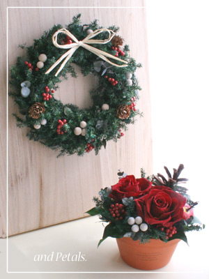 プリザーブドフラワーのバラを使ったクリスマスアレンジメントと針葉樹のクリスマスミニリースのお得なセット